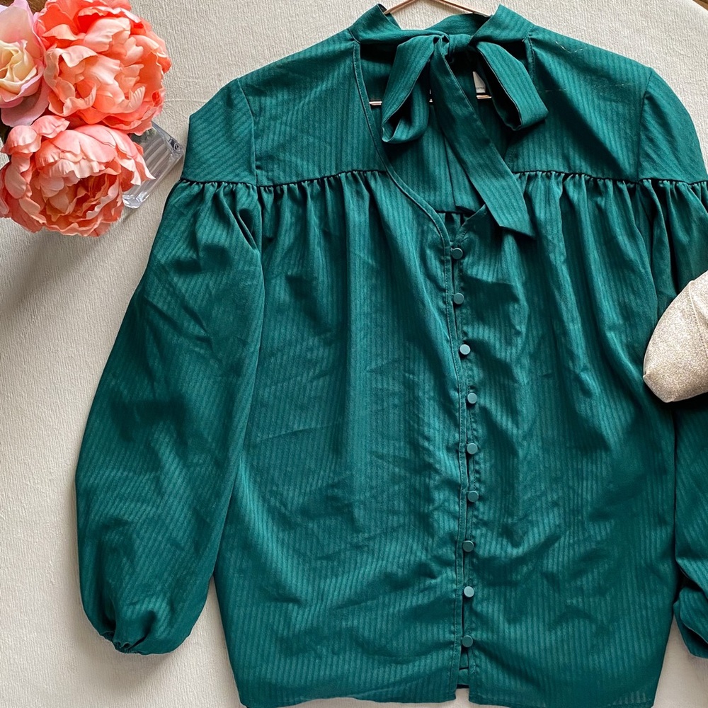 TIME AND TRU | Emerald Green Bow Button Down Top